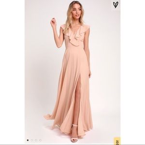 Lulu’s blush ruffled lace-up backless maxi dress